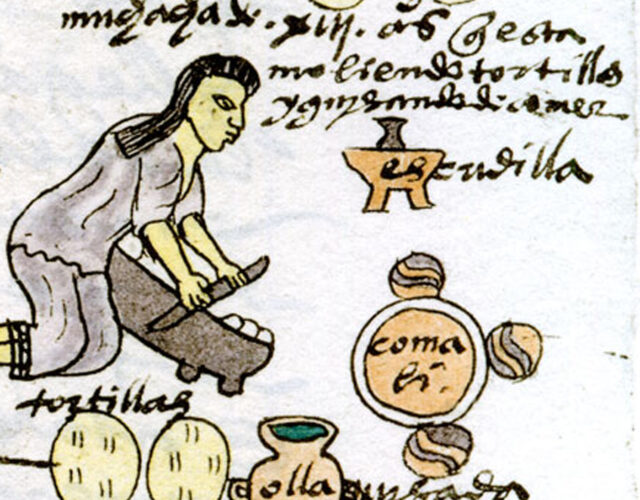 Old illustration of a woman making tortillas with tools and handwritten notes.