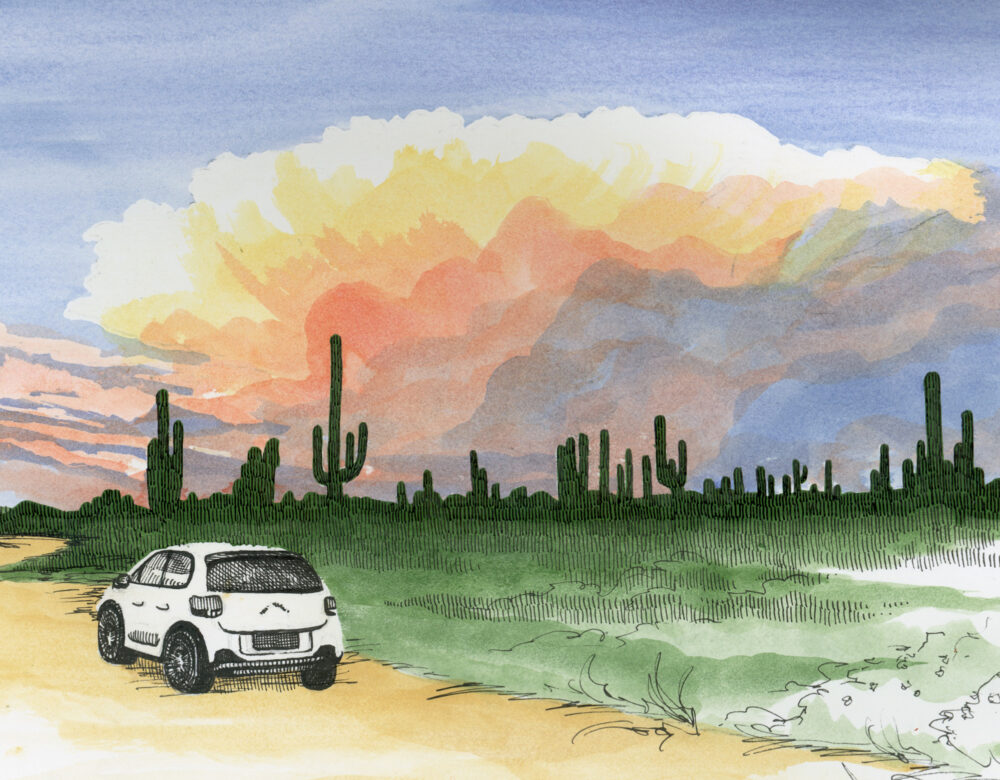 Color illustration of a desert scene with a car in the foreground and storm clouds on the horizon