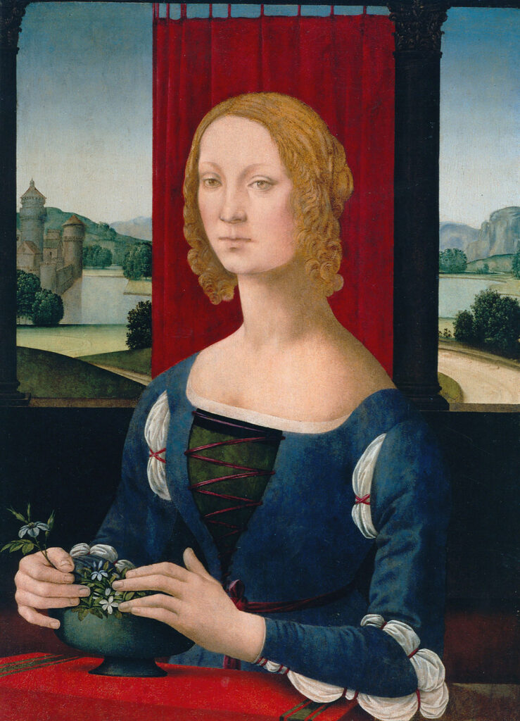 Oil portrait of a woman of royal in the Italian Renaissance period standing before a scene of a fortess and surrounding landscape