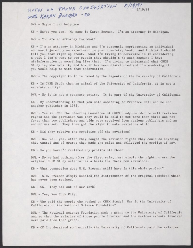 Telephone transcript in the documentation of CHEM Study lawsuits, 1991.