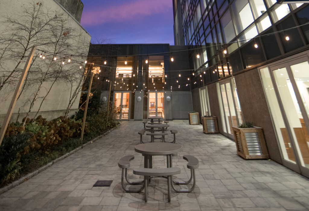 Head-on view of courtyard with tables