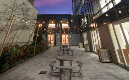 Head-on view of courtyard with tables