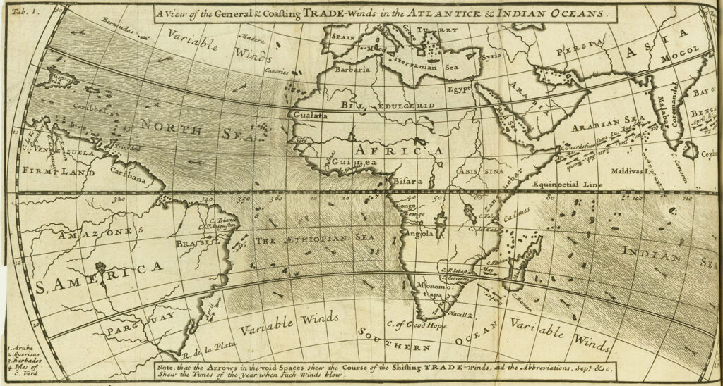 Map showing wind patterns and South America, Africa, and Asia