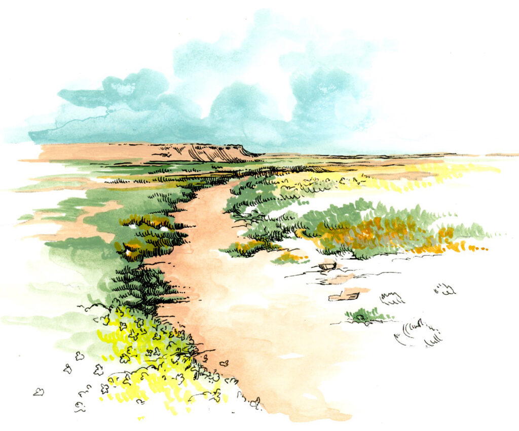 Color illustration of a trench in a desert landscape