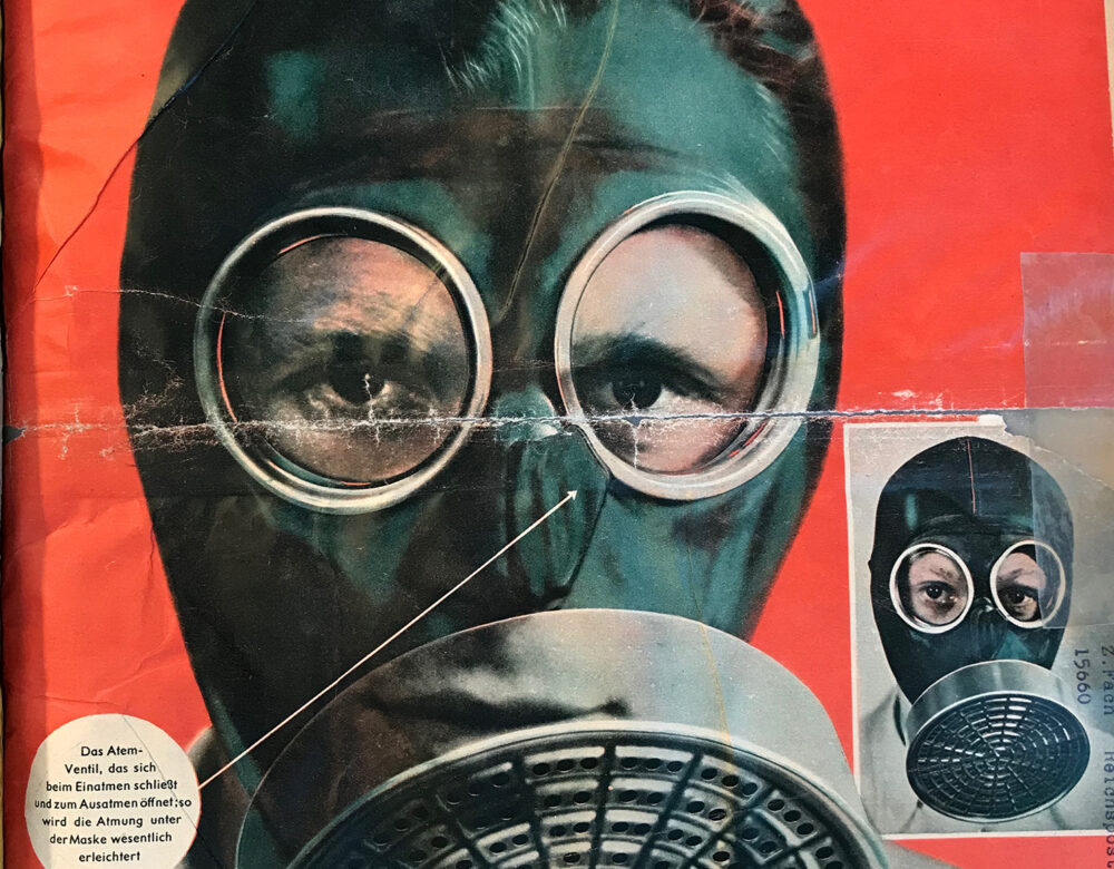 Magazine cover showing a man wearing a translucent illustration of a gas mask with the features of his face visible beneath