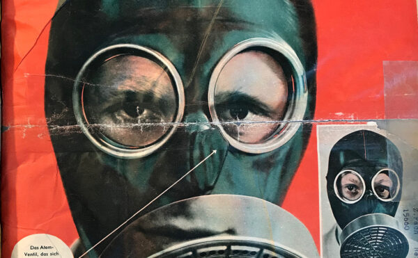 Magazine cover showing a man wearing a translucent illustration of a gas mask with the features of his face visible beneath