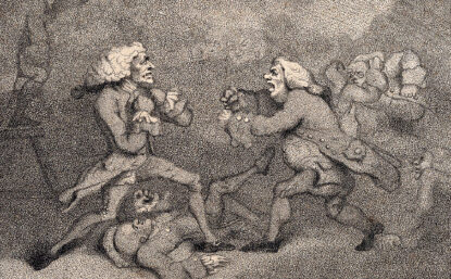 Cartoon of men in powdered wigs fighting