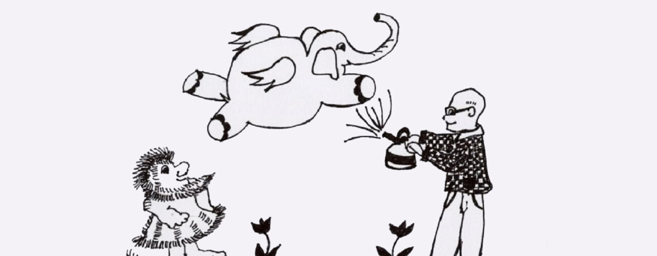 Black and white illustration of a smiling elephant with wings flying. A small smiling person in a dress without shoes and a taller smiling person in a checkered shirt holding a spray can and spraying the elephant.