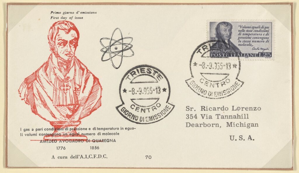 cachet depicting a bust of Amedeo Avogadro