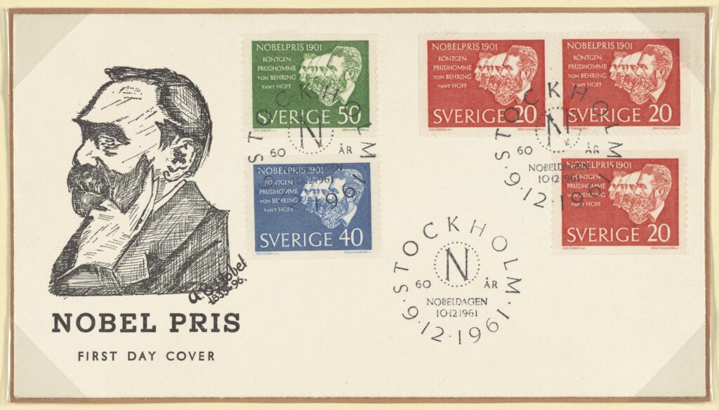 cachet of stamps depicting Alfred Nobel and winners