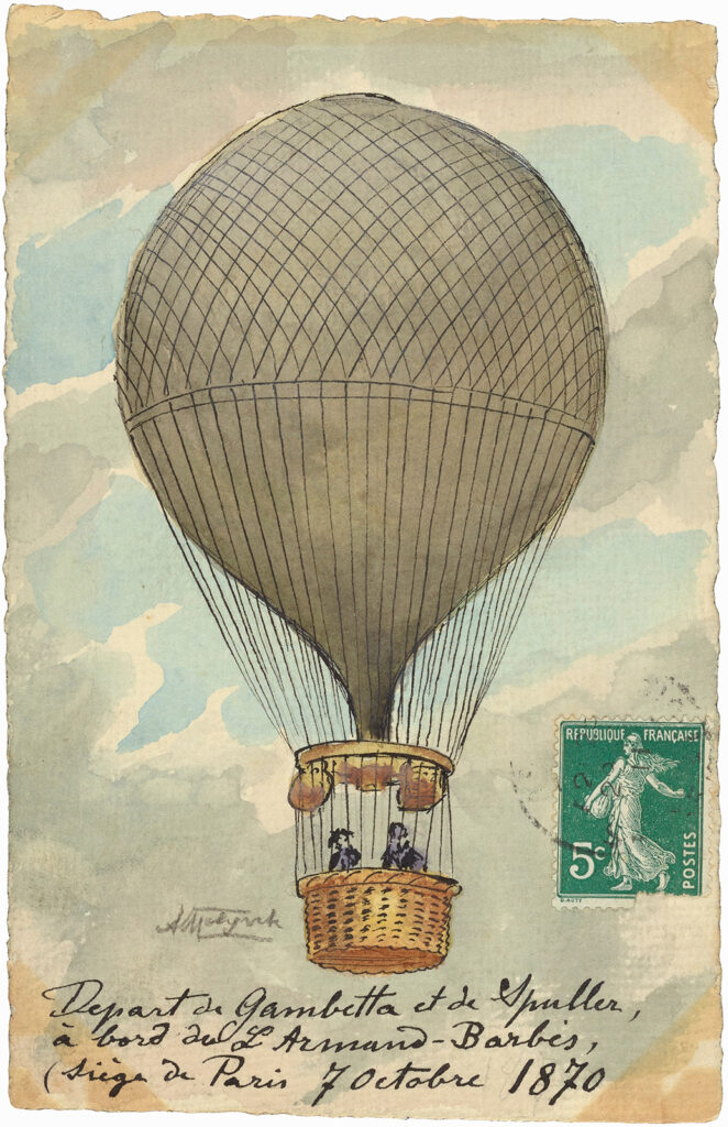 Illustrated postcard of a balloon flight