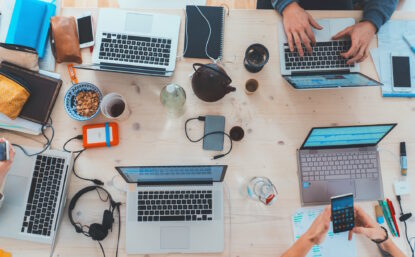 Table showing laptops and cellphones