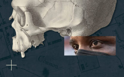 Collage illustration showing map of African Burial Ground in Manhattan, illustration of human skull, man wearing a mask, and a photograph of the MOVE bombing in West Philadelphia