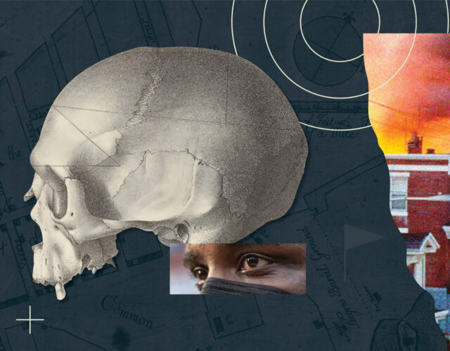 Collage illustration showing map of African Burial Ground in Manhattan, illustration of human skull, man wearing a mask, and a photograph of the MOVE bombing in West Philadelphia