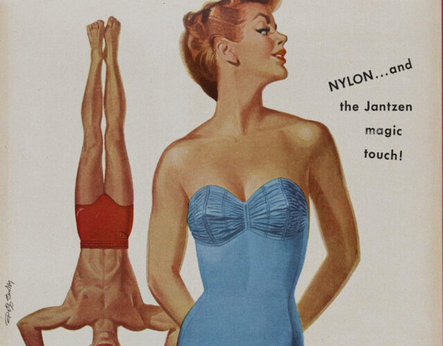 1950s magazine ad with woman in blue swimsuit and man doing handstand in red trunks