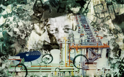 Collage illustration showing desalination technology and face of John F. Kennedy Jr.