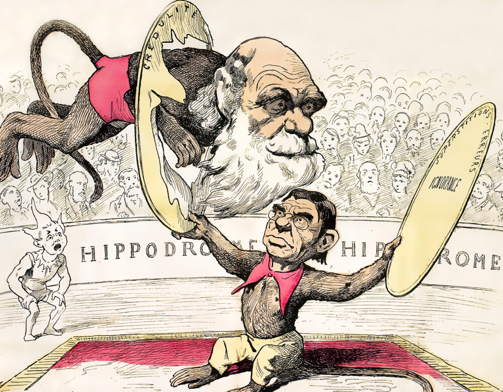 Satirical cartoon of Darwinism using a circus theme