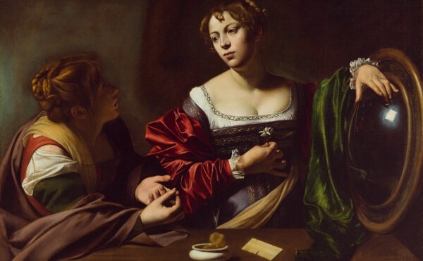 Renaissance oil painting woman holding a mirror while another looks on