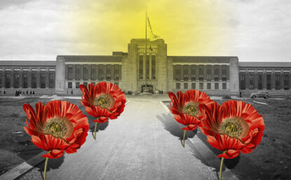 Photo illustration of poppy flowers and prison-hospital for addicts