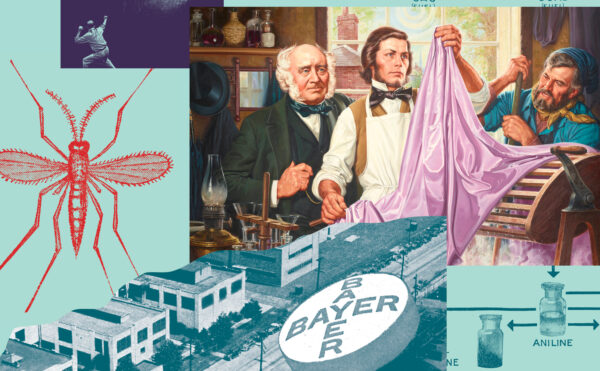 Collage of archival and drawn images related to dye making and drug manufacturing