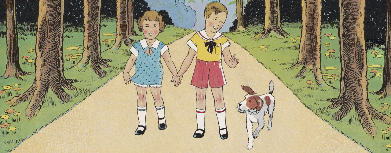 illustration of 2 children and a dog