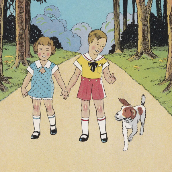 illustration of 2 children and a dog