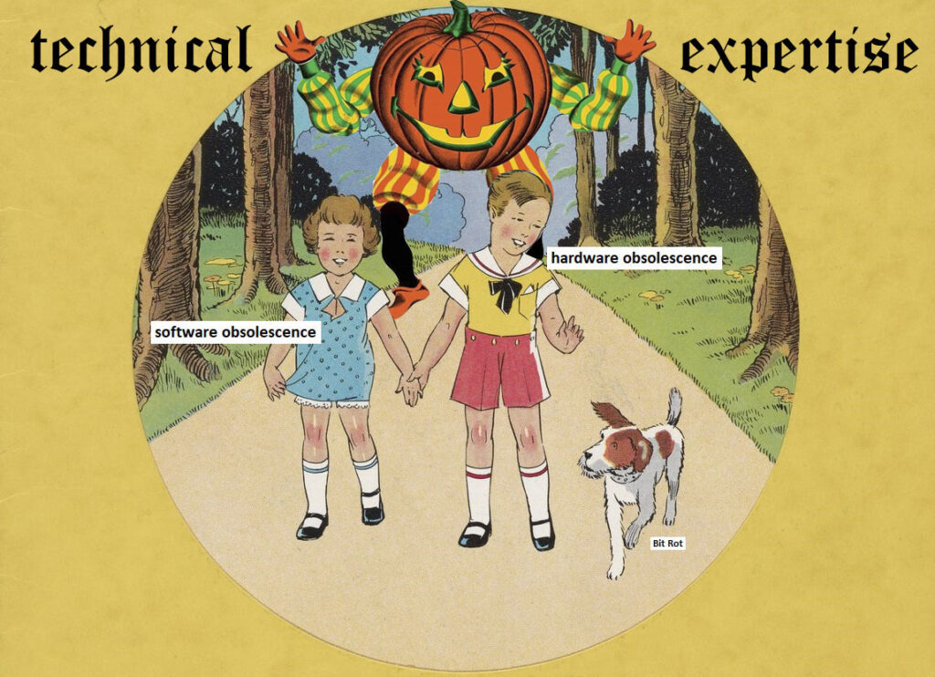 a jack-o-lantern labeled “technical expertise” lurks behind two children labeled “software obsolescence” and “hardware obsolescence”