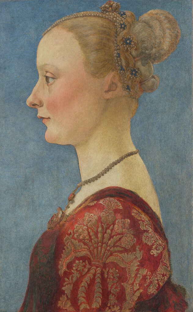 Oil portrait of a wealthy young Renaissance woman in profile