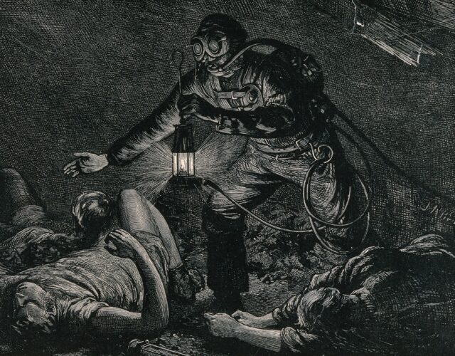 A man in a mine, using safety apparatus invented by Auguste Denayrouze, finds asphyxiated miners. Wood engraving by J. Nash, 1874.