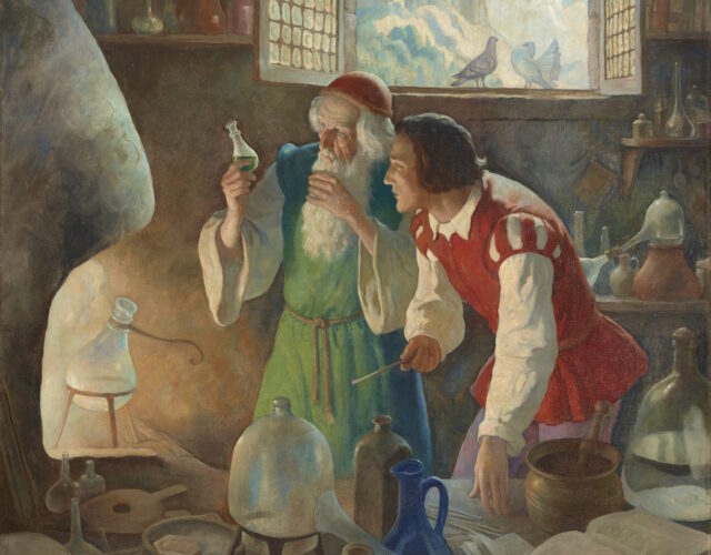 Painting of two men in an alchemical laboratory examining a flask.