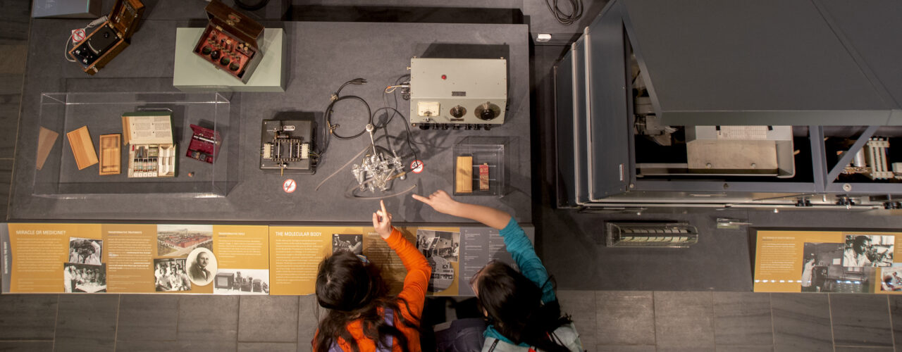 overhead view of museum displays