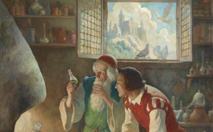 painting depicting two alchemists in a lab