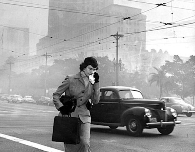 Woman irritated by smog in LA in the 1950s