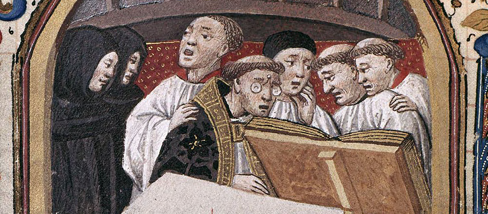 Illumination depicting a choir reading from a large book