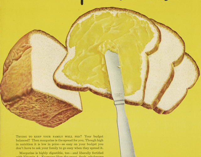 Vintage ad for margarine featuring a knife spreading margarine on one piece of bread out of the loaf. The ad copy talks about the benefits of margarine.